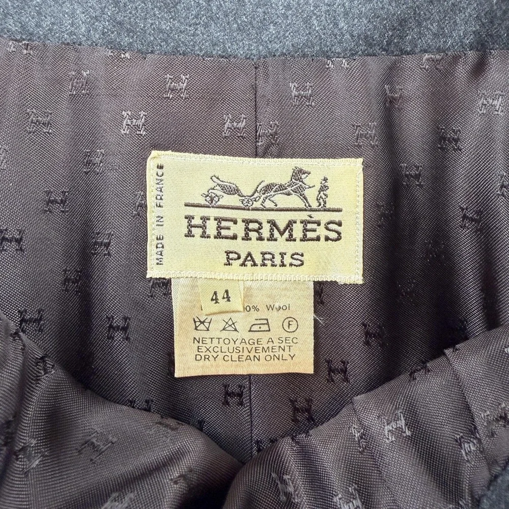 Hermes Skirt Womens 44 Gray Wool High Waist Belted‎ Pencil France Paris Designer